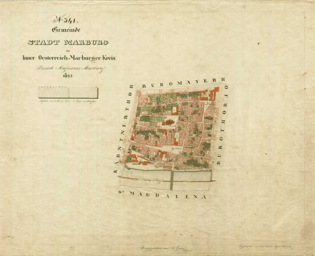 Detailierte alte Stadtplan von Marburg mit Straßen, Gebäuden, Sehenswürdigkeiten und Text mit Bevölkerungs- und Stadtinformation.