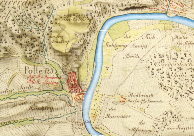 Detailiertes altes Stadtplan von Polle, Deutschland, zeigt Straße, Gebäude und einen Fluss durch die Stadt.