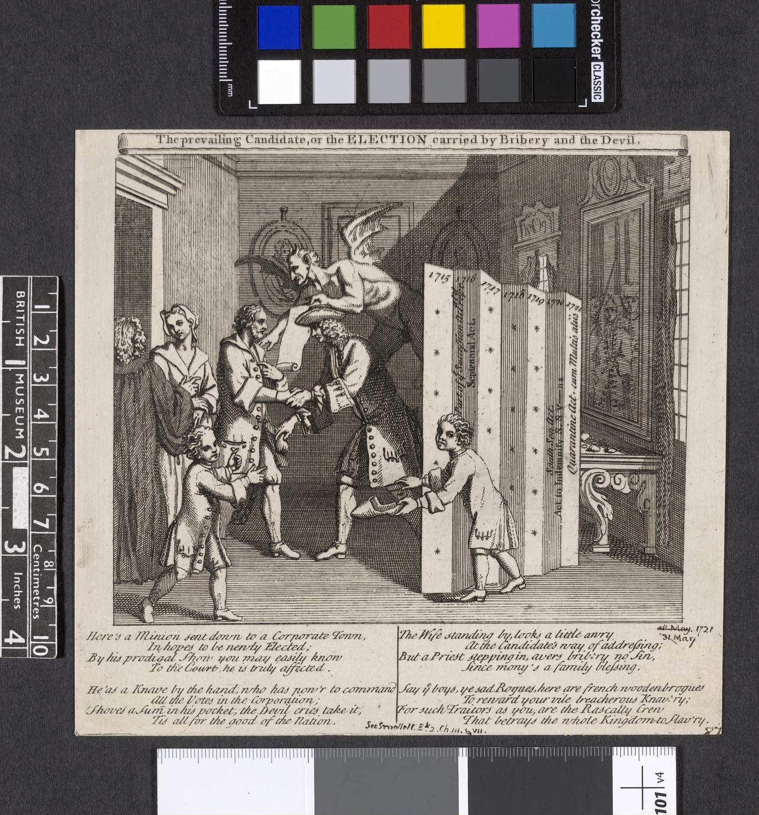 Schwarz-weißes Kupferstichbild von Menschen in einem Raum, die einen Text mit Farboptionen untersuchen, das Wahlbetrug darstellt.