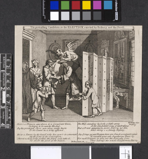 Schwarz-weißes Kupferstichbild von Menschen in einem Raum, die einen Text mit Farboptionen untersuchen, das Wahlbetrug darstellt.