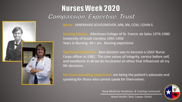 Plakat zur Nurses Week 2020 mit zwei Fotos von Schwestern links und dem Text "Mitgefühl, Expertise, Vertrauen" rechts sowie einem Logo in der rechten unteren Ecke.