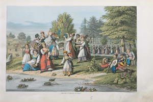 Gruppe von Menschen in traditioneller ungarischer Kleidung neben einem Fluss, mit Grünfläche und einem Gebäude im Hintergrund, unter einem sichtbaren Himmel, mit 'Litauischer Volksmusik' Text unten.