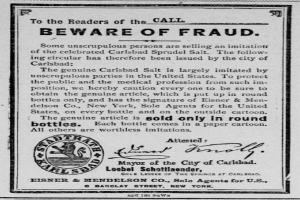 Ein schwarz-weißes Plakat mit einer Warnung vor Betrug, das den Text 'Carlsbad Spruud Salt' und ein Firmenlogo zeigt.