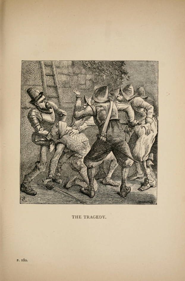 Offenes Buch mit einer Skizze von verzweifelten Menschen, beschriftet mit "Die Tragödie" unten.