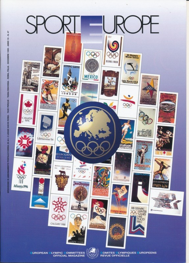 Ein Buchumschlag mit der Aufschrift "Sport in Europa" in leuchtenden Farben, detaillierten Designs und olympischen Symbolen aus europäischen Spielen.