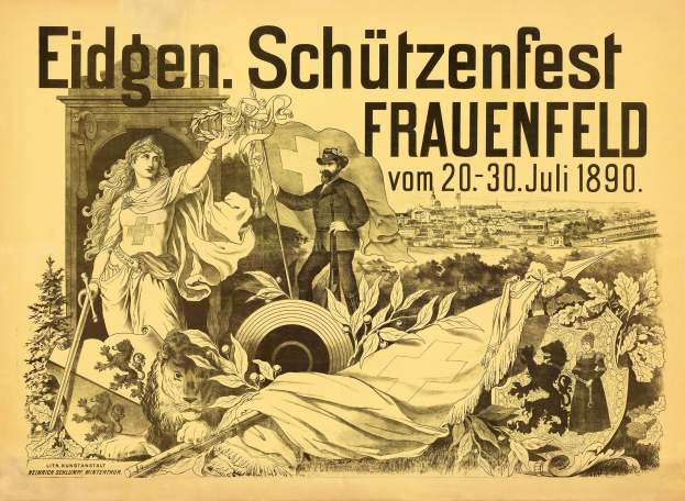 Plakat zum Eidgenössischen Schützenfest in Frauenfeld, Deutschland, mit einem Mann im Anzug und einer Frau im Kleid nebeneinanderstehend und Text mit Veranstaltungseinzelheiten.