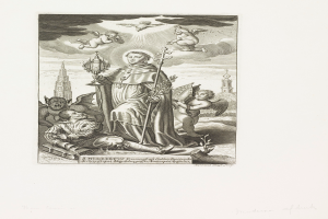 Eine Schwarz-Weiß-Radierung von St. Nikolaus mit Stab und Buch, umgeben von Menschen und Gebäuden, mit Text unten.