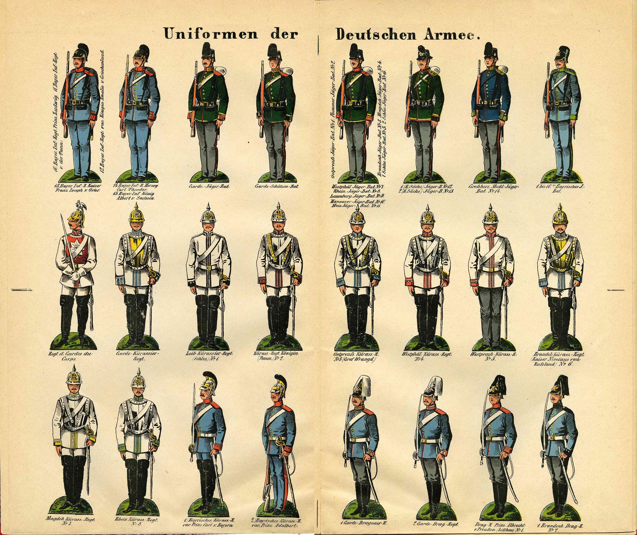 Ein Buch mit leuchtend bunten deutschen Armee-Militäruniformen mit detaillierten Elementen wie Helmen, Gewehren und anderen Waffen, begleitet von beschreibendem Text.