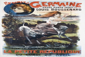 Französischer Filmplakat für "Das Geheimnis von Deutschland" mit einer Frau umgeben von Tieren, Pflanzen und Wasser mit Text.