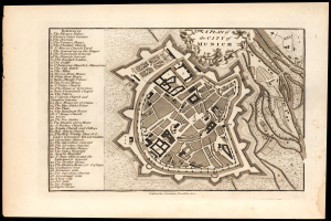 Ein alter Stadtplan von München, Deutschland, auf einem schwarzen Hintergrund, der Straßen, Gebäude und Sehenswürdigkeiten mit beschrifteten Text zeigt.