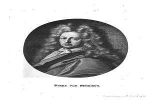 Schwarz-weißes Porträt von Franz von Meinders, einem deutschen Komponisten mit langen lockigen Haaren, mit deutschem Text unten.