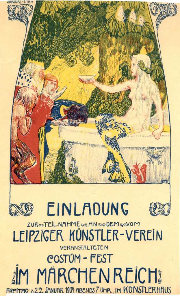 Plakat für ein Münchner Fest mit einem Bild einer Frau mit Menschen und Bäumen drumherum und Text.