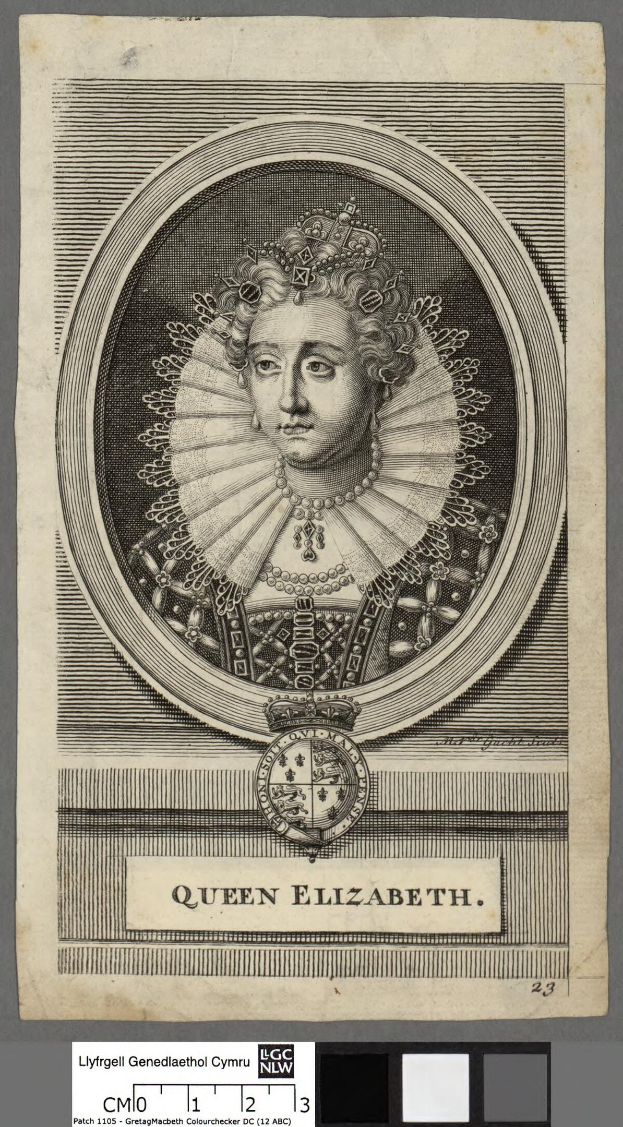 Porträt der Königin Elizabeth I. von England in königlicher Kleidung, einschließlich einer Krone und Tiara, mit ihrem Haar zu einem Dutt gebunden und einem würdevollen Gesichtsausdruck, vor einem grauen Hintergrund mit Text unten.