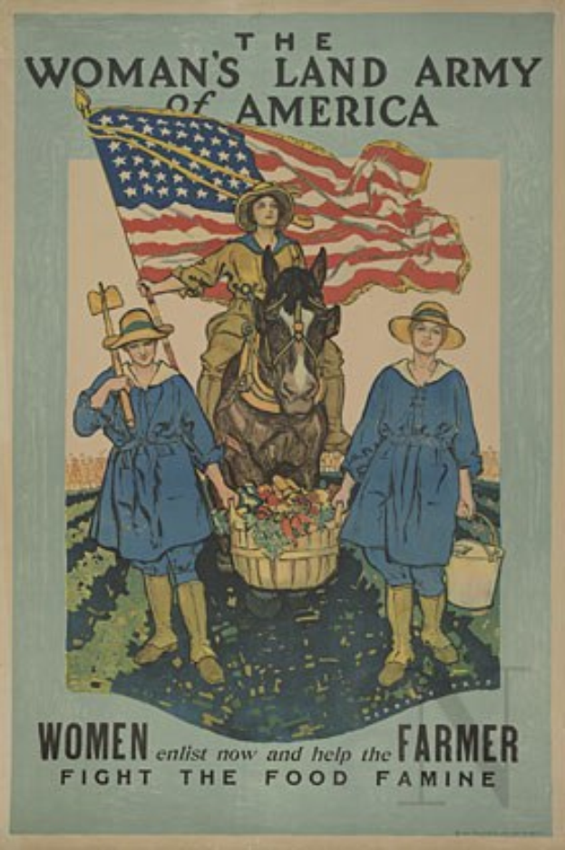 Plakat zeigt Frau in Landfrauenuniform auf einem Pferd mit Fahne, zwei Frauen vorne mit Körben voller Essen und Text, der Frauen aufruft, Nahrungsmittelknappheit zu bekämpfen.