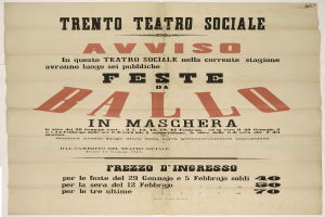 Alter Plakatwerbung für ein Festival in Maschera, Italien, mit Text, der das Ereignis beschreibt.