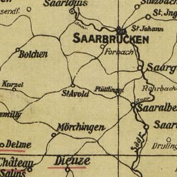 Alte detaillierte Karte von Saarbrücken, Deutschland, mit klassischer Schrift, die den Standort der Stadt angibt und Straßen, Gebäude und Sehenswürdigkeiten zeigt.