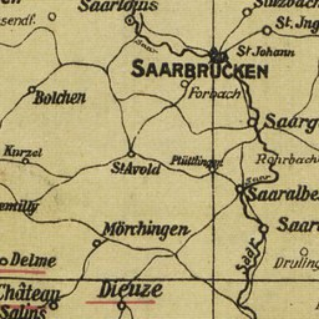 Alte detaillierte Karte von Saarbrücken, Deutschland, mit klassischer Schrift, die den Standort der Stadt angibt und Straßen, Gebäude und Sehenswürdigkeiten zeigt.