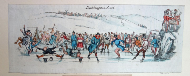 Zeichnung von Menschen, die Eisstockschießen auf einer verschneiten Fläche spielen, mit 'Duddington Loch' oben und unten, einige Schlittschuhlaufen, andere stehen, Schnee glitzert unter einem tiefblauen Himmel.