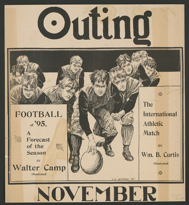 Schwarzer Plakataufkleber mit der Aufschrift 'outing football of '95: eine Vorschau auf die Saison', der eine Gruppe von Menschen zeigt.