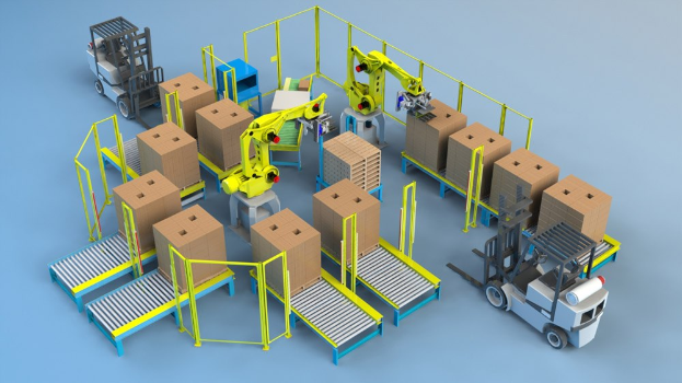 Gruppe automatisierter Roboter, die auf einem Förderband in einem Lager arbeiten und Kartons mit sichtbaren Fahrzeugen auf dem Boden handhaben.