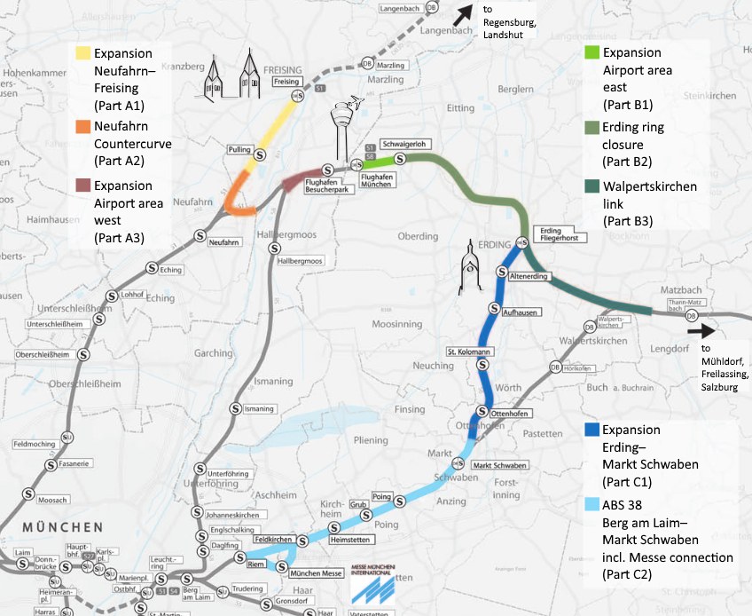 Eine detaillierte Stadtkarte mit einer hervorgehobenen Bahnroute von München nach Frankfurt, einschließlich Haltestellen und Umgebung, mit Text, der Bahn-details bereitstellt.