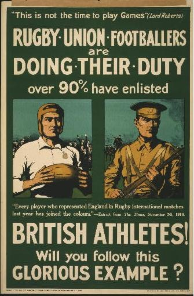 Plakat mit zwei Rugbyspielern in militärischer Kleidung mit Text über britische Athleten, die während des Dienstes rekrutiert wurden.