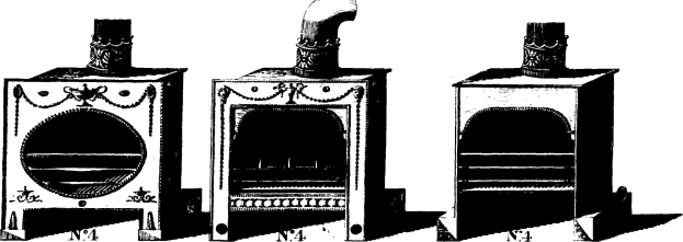 Schwarze und weiße Zeichnung von drei Holzöfen, die in einem Dreieck angeordnet sind, mit dem größten in der Mitte, jeweils mit einem hohen zylindrischen Schornstein mit einer gebogenen Spitze.