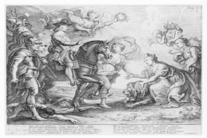 Eine Schwarz-Weiß-Radierung, die einen Mann auf einem Pferd zeigt, der von einer Gruppe von Menschen angegriffen wird, mit einem Löwen im Hintergrund, betitelt 'Die Rückkehr des verlorenen Sohnes' von Baldassare del Prado.