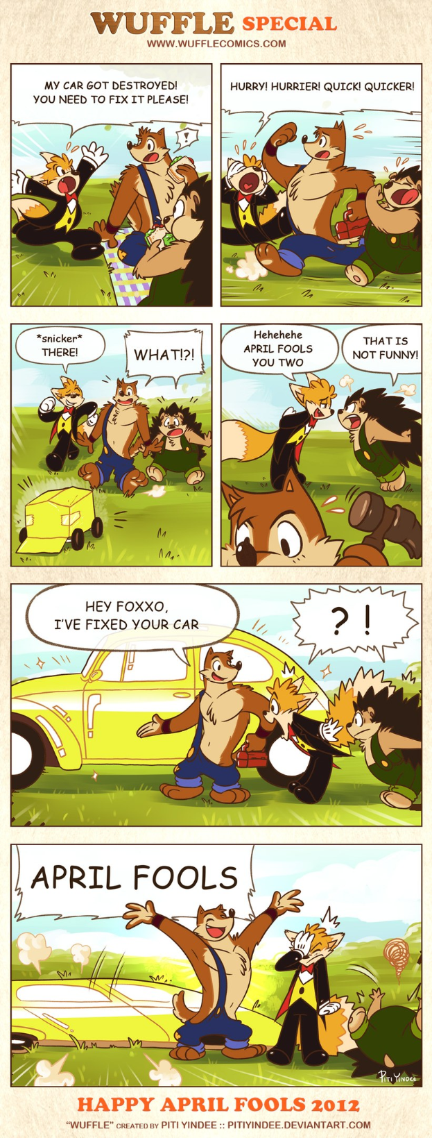 Ein Comic-Stripschild mit der Aufschrift "Aprilscherz" zeigt einen Cartoon-Mann und eine Cartoon-Frau in einem Gespräch unter einem hellblauen Himmel mit weißen Wolken, einer gestikuliert enthusiastisch.