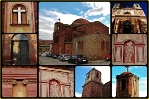 Eine Collage aus neun Bildern mit einem zentralen Gebäude mit parkenden Autos davor, einem Kreuzsymbol oben links, einem anderen Gebäude oben rechts und Gebäuden unten.