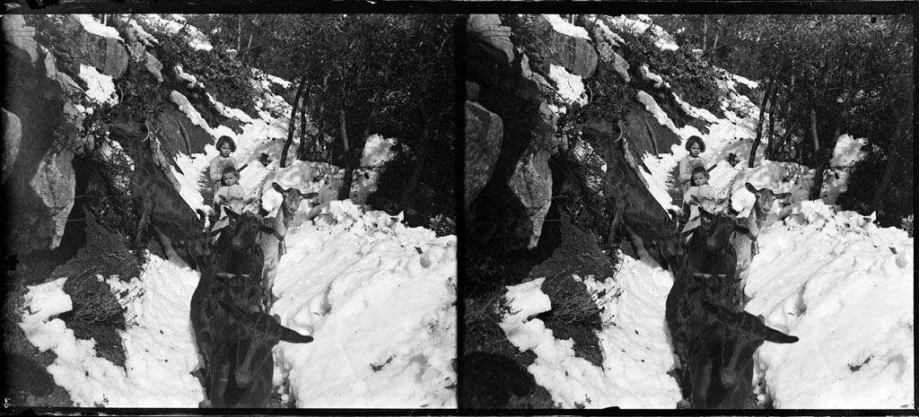Schwarzes und weißes Foto von Menschen in Winterkleidung, die Rentiergeweihte durch unberührten Schnee reiten, mit Bäumen und Felsen im Hintergrund.