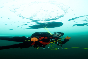 Eine Person in Tauchausrüstung ist unter Wasser umgeben von klarem blauem Wasser.
