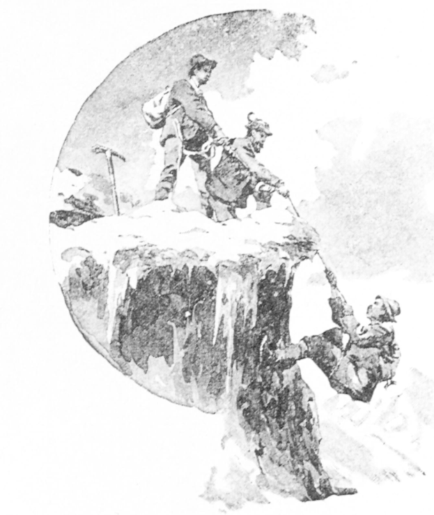 Schwarz-weiß-Illustration von Menschen, die einen Berg erklimmen, einer hält einen Stock, mit Text "Bergsteigen - The Illustrated London News" unten.