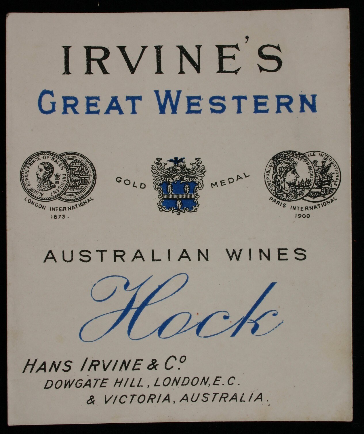 Plakat, das Irvine's Great Western Australian Wines Hock bewirbt, mit dem Logo und Text, der verschiedene Weinarten anzeigt.