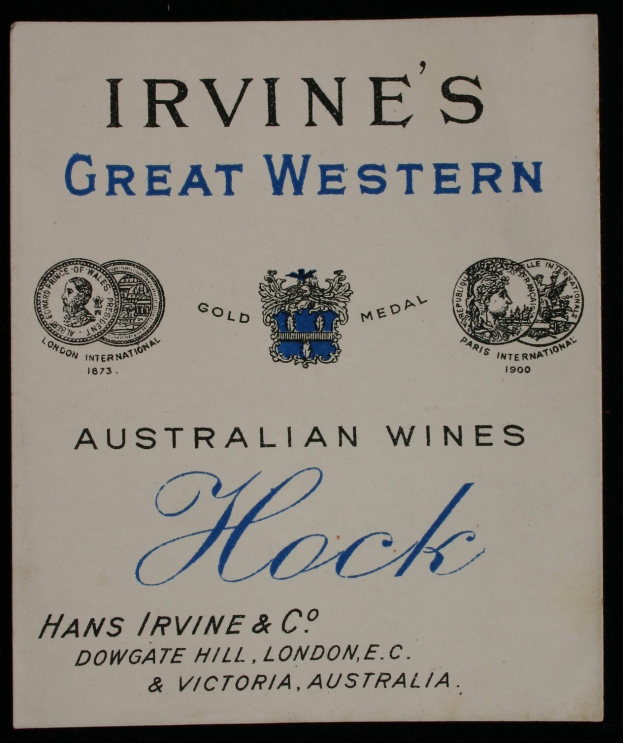 Plakat, das Irvine's Great Western Australian Wines Hock bewirbt, mit dem Logo und Text, der verschiedene Weinarten anzeigt.