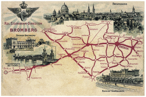 Ein detaillierter Stadtplan von Bromberg, Deutschland, der Straßen, Sehenswürdigkeiten, Gebäude, Bäume und eine Brücke zeigt, mit begleitendem Text zur Geschichte, Kultur und Sehenswürdigkeiten der Stadt.
