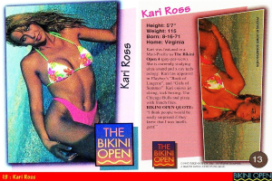 Eine Frau in Bikini steht links in einem Bild voller Artikel.