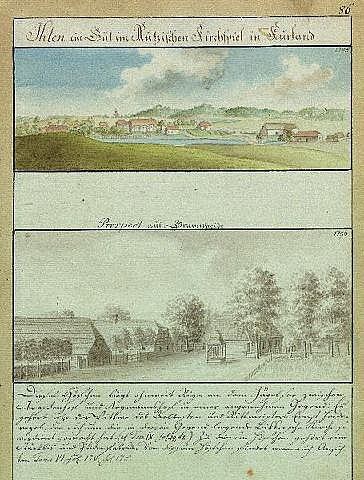 Eine alte Buchillustration aus dem 18. Jahrhundert, die eine Dorfszene mit Bäumen, Häusern, Gras und Wolken zeigt, beschriftet mit "München, Deutschland, 1750-1790, Landschaft mit Blick auf die Stadt München".