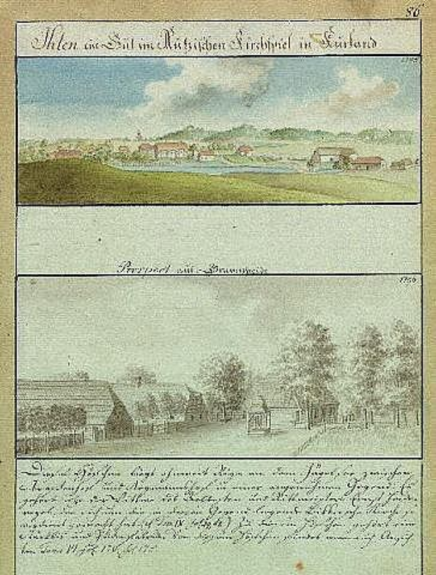 Eine alte Buchillustration aus dem 18. Jahrhundert, die eine Dorfszene mit Bäumen, Häusern, Gras und Wolken zeigt, beschriftet mit "München, Deutschland, 1750-1790, Landschaft mit Blick auf die Stadt München".