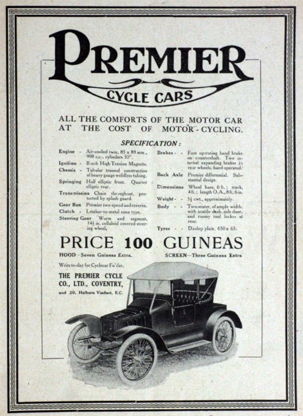 Werbeposter für Premier Cycle Cars mit einem klassischen schwarzen Auto mit schlankem Design und mutigen weißen Text.