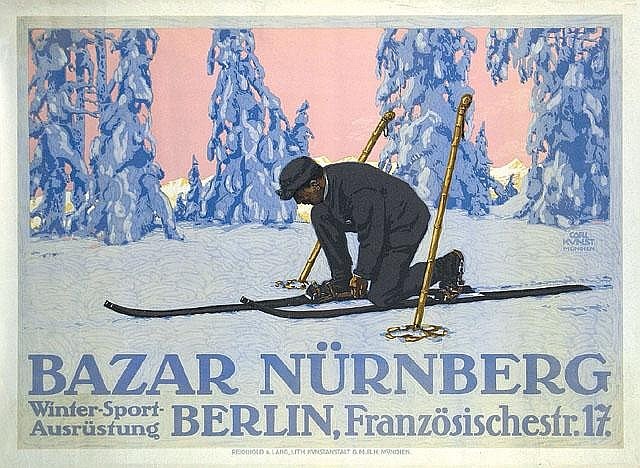 Plakat für den Bazar Nürnberg Winter Sport in Berlin, Deutschland, mit einer Person beim Skifahren im Hintergrund und Text zur Beschreibung des Ereignisses.