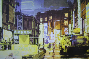 Ein bearbeitetes Bild mit Menschen, Fahrzeugen, Gebäuden, Plakaten, Text, Straße, Fenstern, Schildern, U-Bahn und Lichtern.