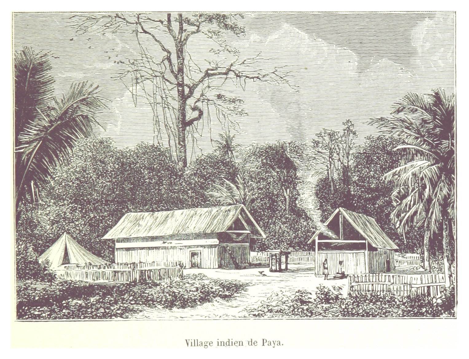 Dorf in den Philippinen mit Häusern, Bäumen, Pflanzen und Himmel im Hintergrund, mit Text unten.