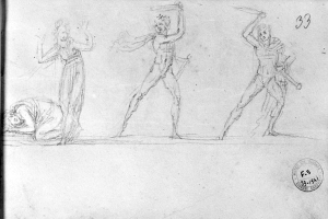 Drei Menschen in einer dynamischen Tanzpose, einer liegt am Boden mit zwei stehenden, gezeichnet im realistischen Stil mit detaillierten Zügen und gedämpften Farben, begleitet von einem Stempel, der angibt, dass es eine Tanzstudie ist.