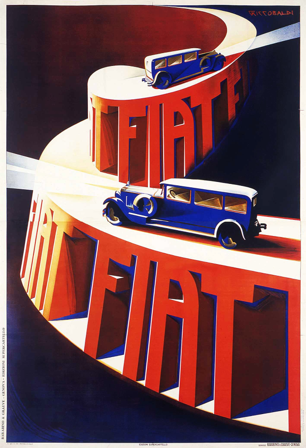 Zwei Fiat-Autos, eins blau und eins rot, auf einem Werbeplakat mit dem 'Fiat'-Logo.
