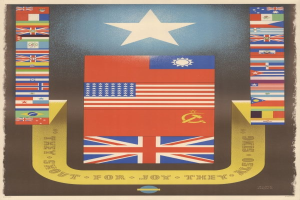 Ein Plakat mit einem zentralen Stern, umgeben von verschiedenen Nationalflaggen und dem Text "The U steht für Freude."