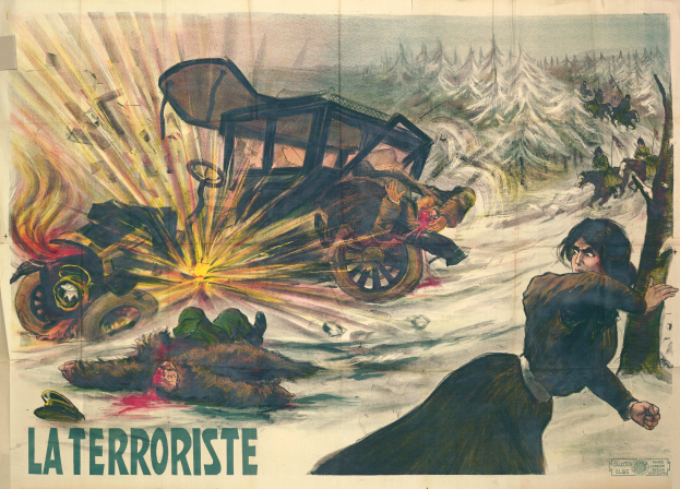 Ein Filmplakat für "La Terroriste" mit einer chaotischen Szene mit Menschen, Fahrzeugen, Bäumen und anderen Gegenständen in leuchtenden Farben und großen Buchstaben, die Dringlichkeit und Gefahr vermitteln.
