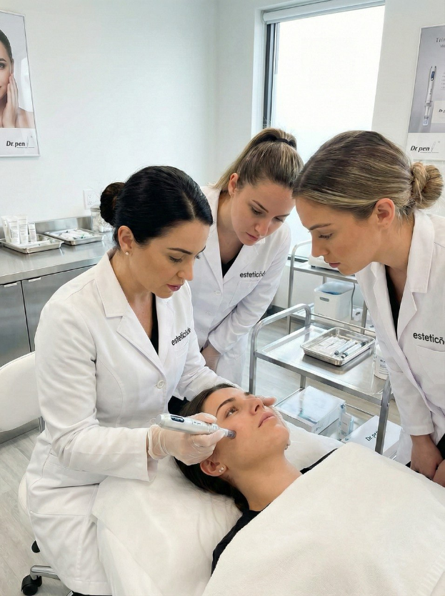 Eine zeitgemäße ästhetische Praxis: Drei Fachkräfte in professioneller Kleidung führen konzentriert eine Gesichtsbehandlung durch. Die Atmosphäre strahlt Präzision, Expertise und den Einsatz innovativer Hautpflegeverfahren in einer klinisch reinen Umgebung aus.