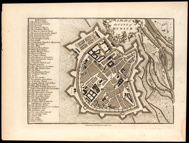 Ein altes Stadtplan von München, Deutschland, auf einem schwarzen Hintergrund, der Straßen, Gebäude und Sehenswürdigkeiten mit beschriftetem Text zeigt.