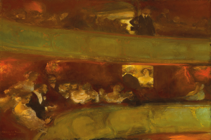 Ein Bild einer bunten Gruppe von Menschen in einem hell erleuchteten Theater, einige stehen, einige sitzen, alle in feiner Kleidung, schaffen eine lebendige und einladende Atmosphäre.